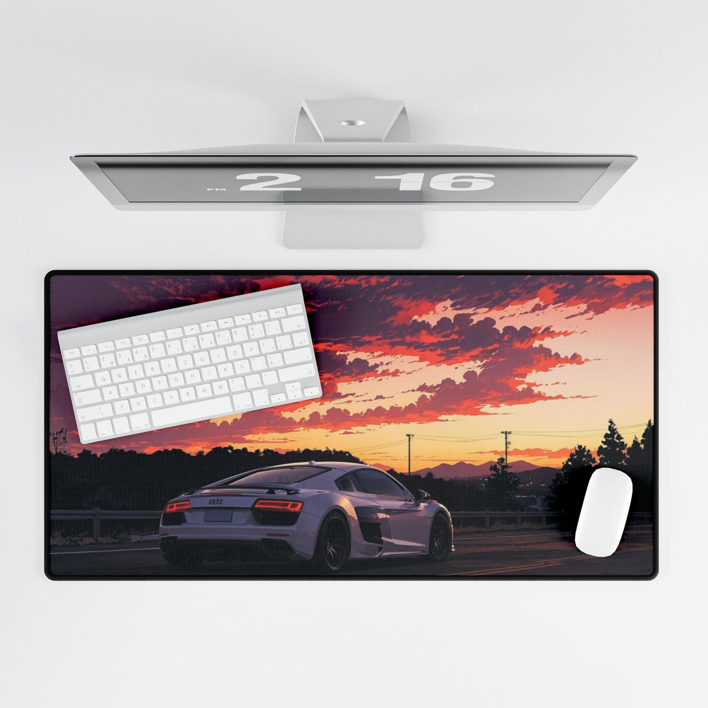 Sunset Supercar Desk Mat — Large Gaming/Work Mousepad with Scenic Car Print